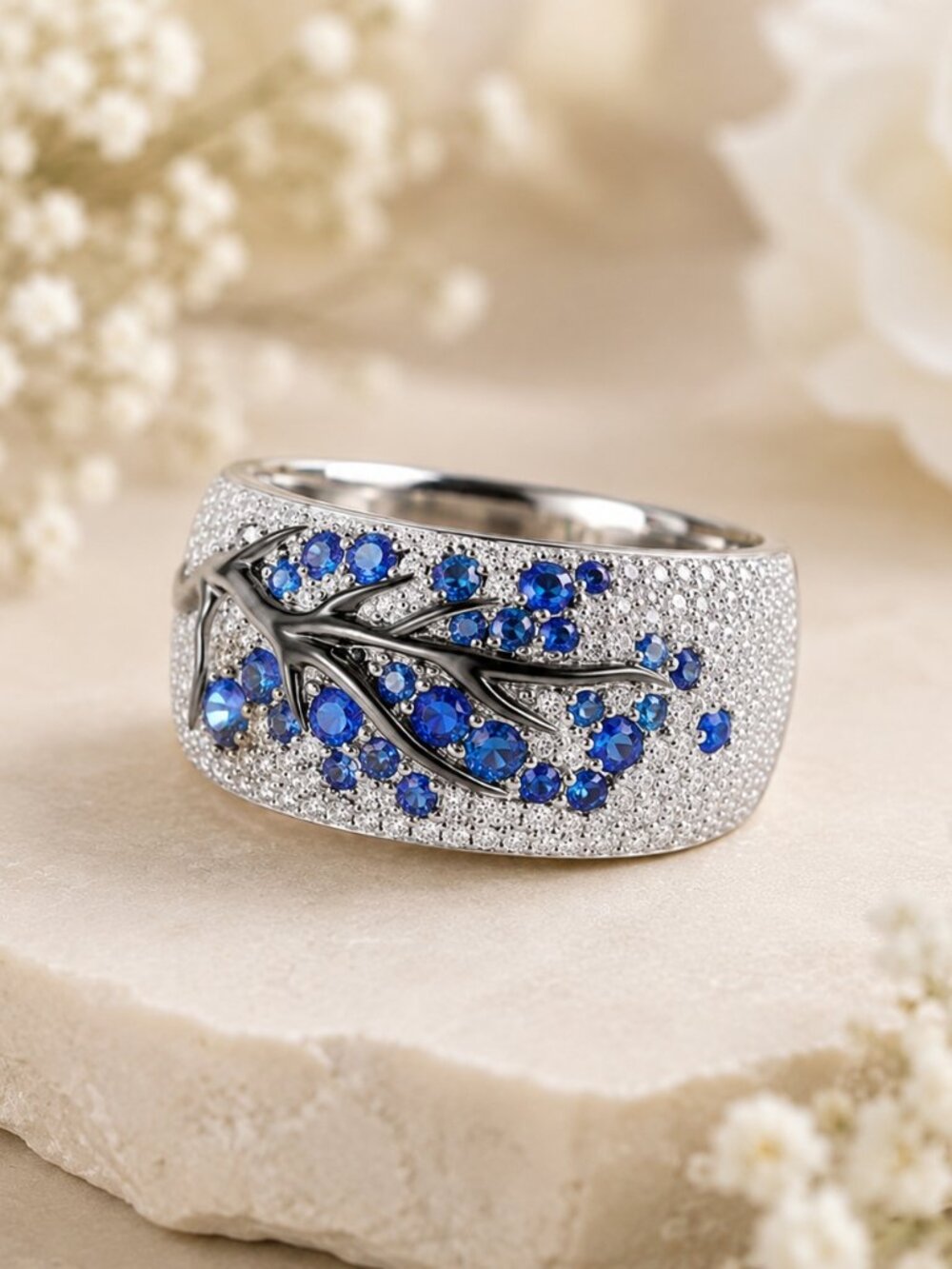 Silver Plum Tree Branch Blue Crystal Statement Ring Micro Pave SZ 5 NWT